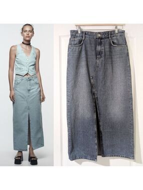 NEW! Zara | Denim Maxi Skirt With Front Slit
